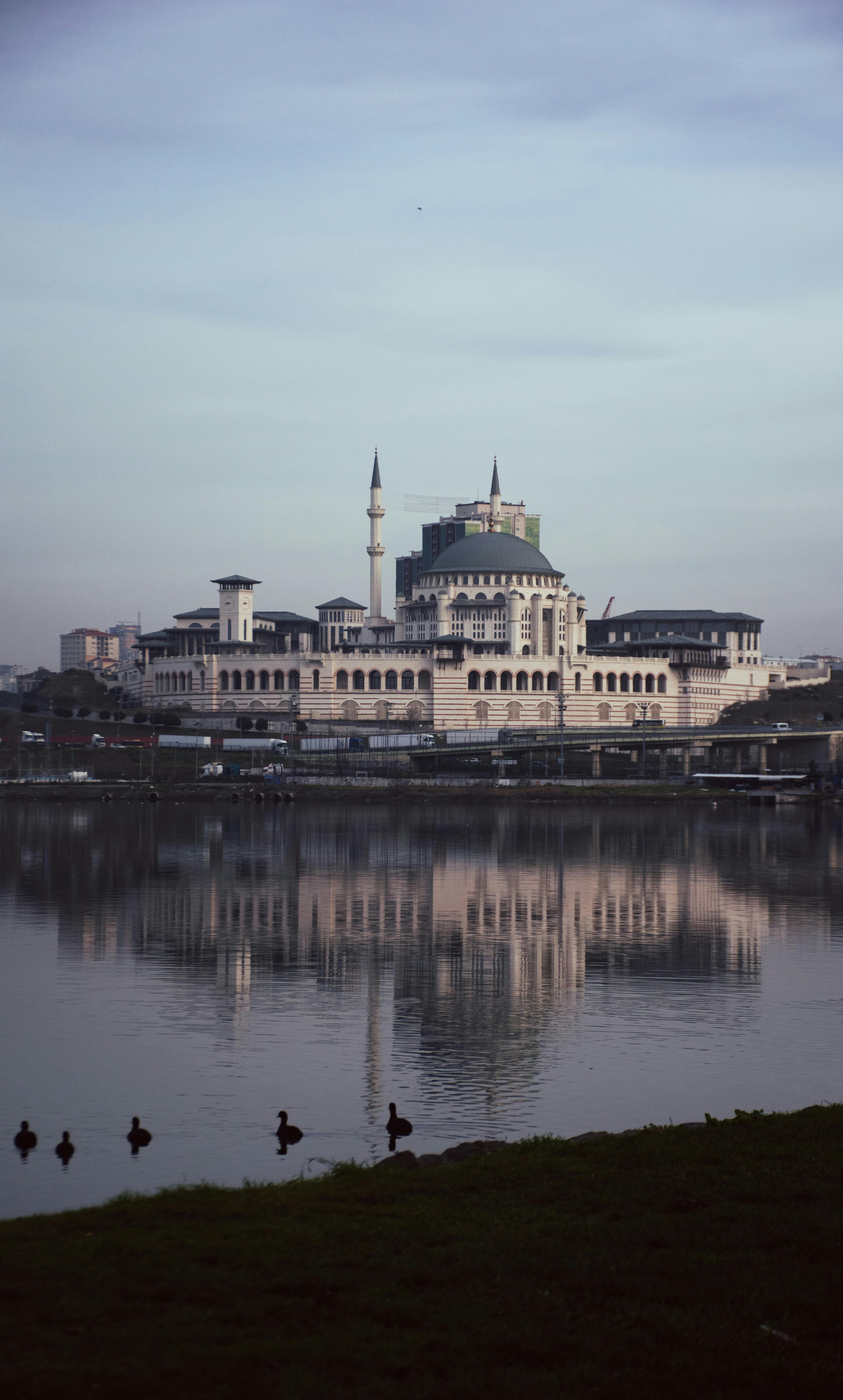 Beautiful mosque in Istanbul reflecting over tranquil waters, capturing the serene ambiance.