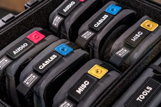 Close-up of labeled equipment bags in a protective case, showcasing organization and utility.