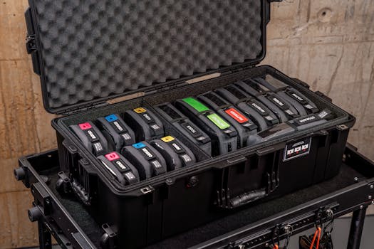 Color-coded equipment bags neatly arranged in a durable hard case.