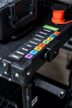 Close-up view of color-coded equipment labels and orange cord on a film set table.
