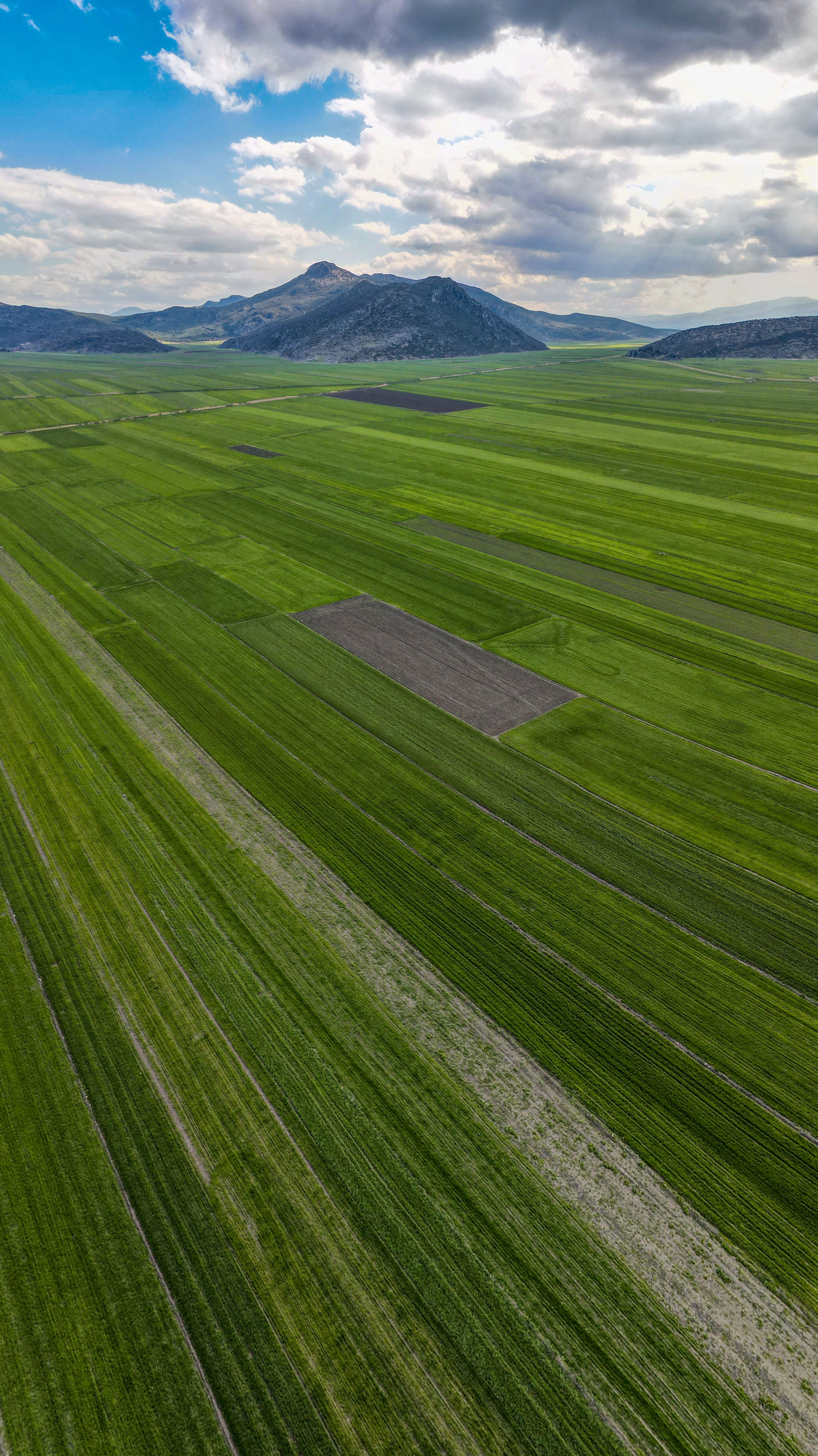 Aerial view of lush verdant fields under a cloudy sky in Çeltikçi, Burdur, Türkiye.