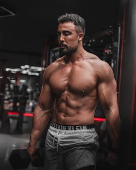 Strongly built man lifting weights in a modern gym.