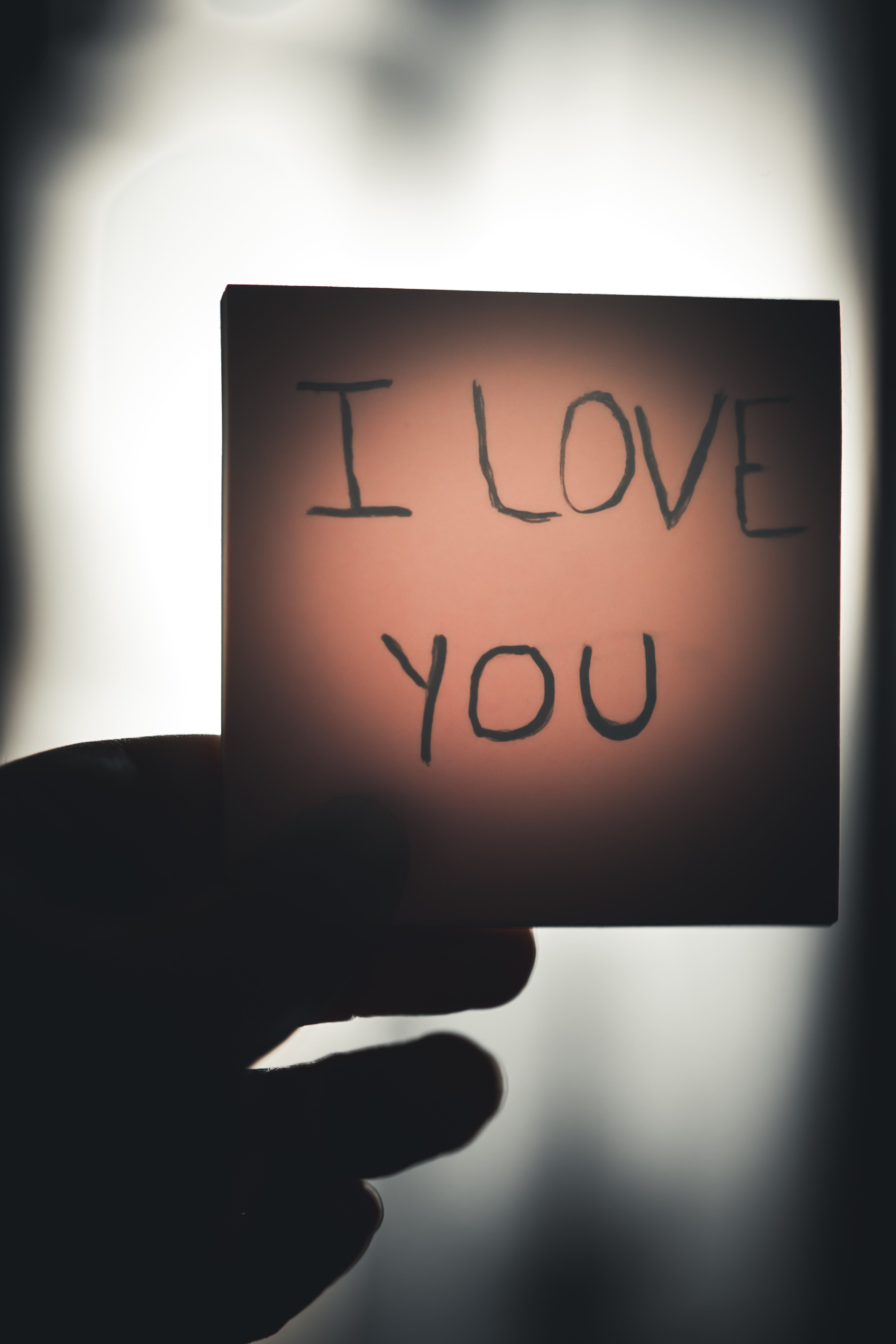 Silhouette of hand holding a note with 'I Love You' text, symbolizes romance and affection.