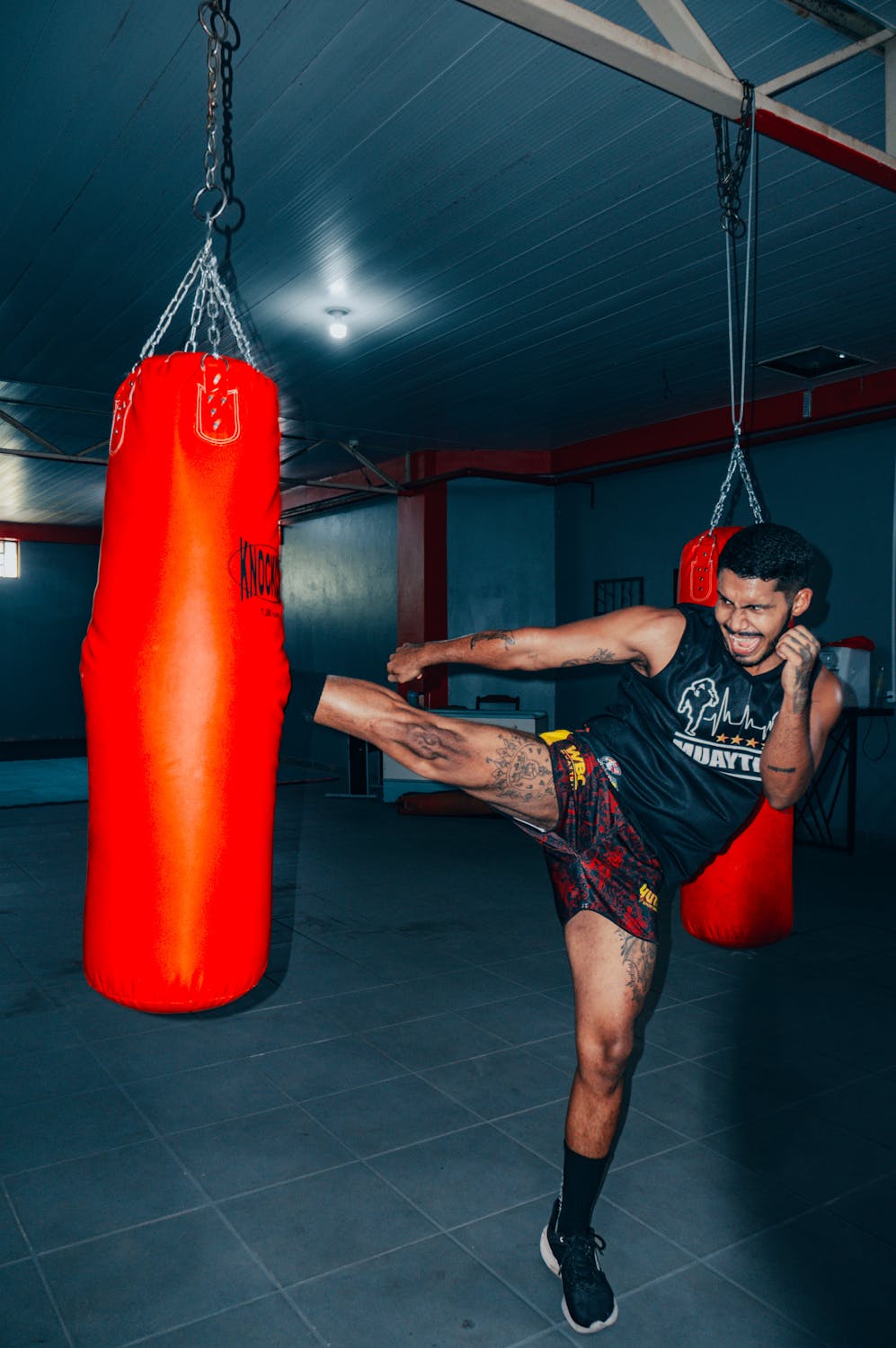 Man Practicing High Kick with Punching Bag · Free Stock Photo