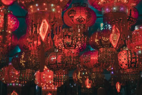 Free A festive display of traditional red Chinese lanterns, symbolizing good fortune and happiness during Lunar New Year. Stock Photo