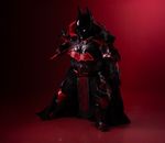 Striking black and red cosplay costume inspired by legendary hero, captured on a dramatic backdrop.