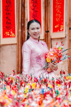 Woman holding colorful flowers in traditional attire during Lunar New Year celebration.