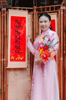 Woman in pink dress holding flowers by Vietnamese calligraphy scrolls.