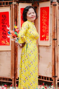 Woman in traditional yellow floral dress holding flowers at a festival setting with red scrolls.