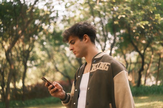 Young adult male using a smartphone outdoors in a sunny park setting.