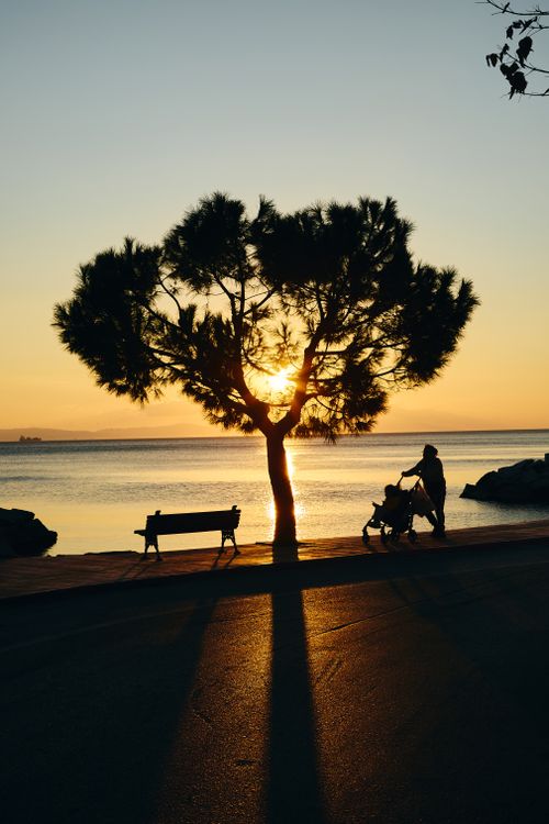 Free Silhouette of a person walking a stroller by the sea at sunset. Stock Photo