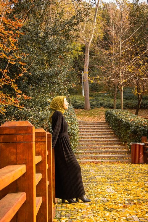 Free Serene autumn walkway with a woman in a green hijab enjoying the fall foliage. Stock Photo