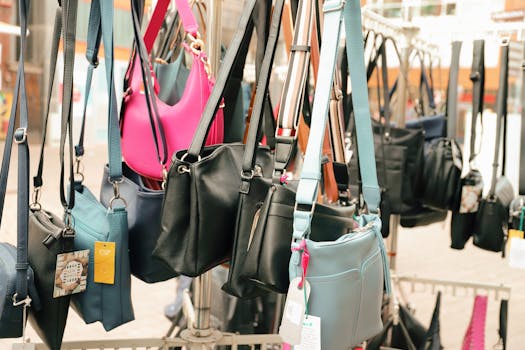 A colorful assortment of handbags on display in Eschwege, Germany marketplace.
