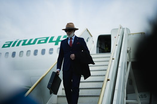 A stylish businessman with briefcase steps onto tarmac, exuding confidence and elegance.