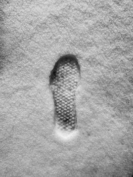 Close-up of a single shoe print in fresh winter snow, monochrome.
