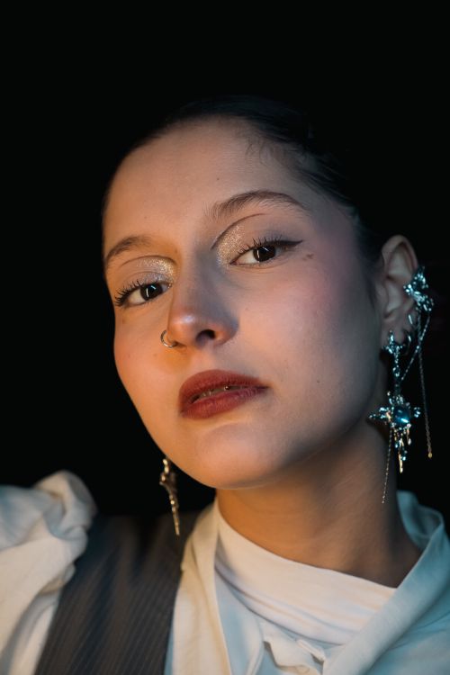 Free Close-up portrait of a woman with striking earrings and makeup in moody lighting. Stock Photo