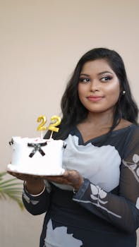 Woman celebrates her 22nd birthday with a decorated cake. Elegant setting.