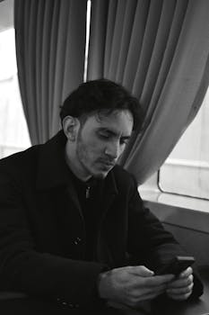 Black and white portrait of a man absorbed in smartphone use, with a contemplative expression.