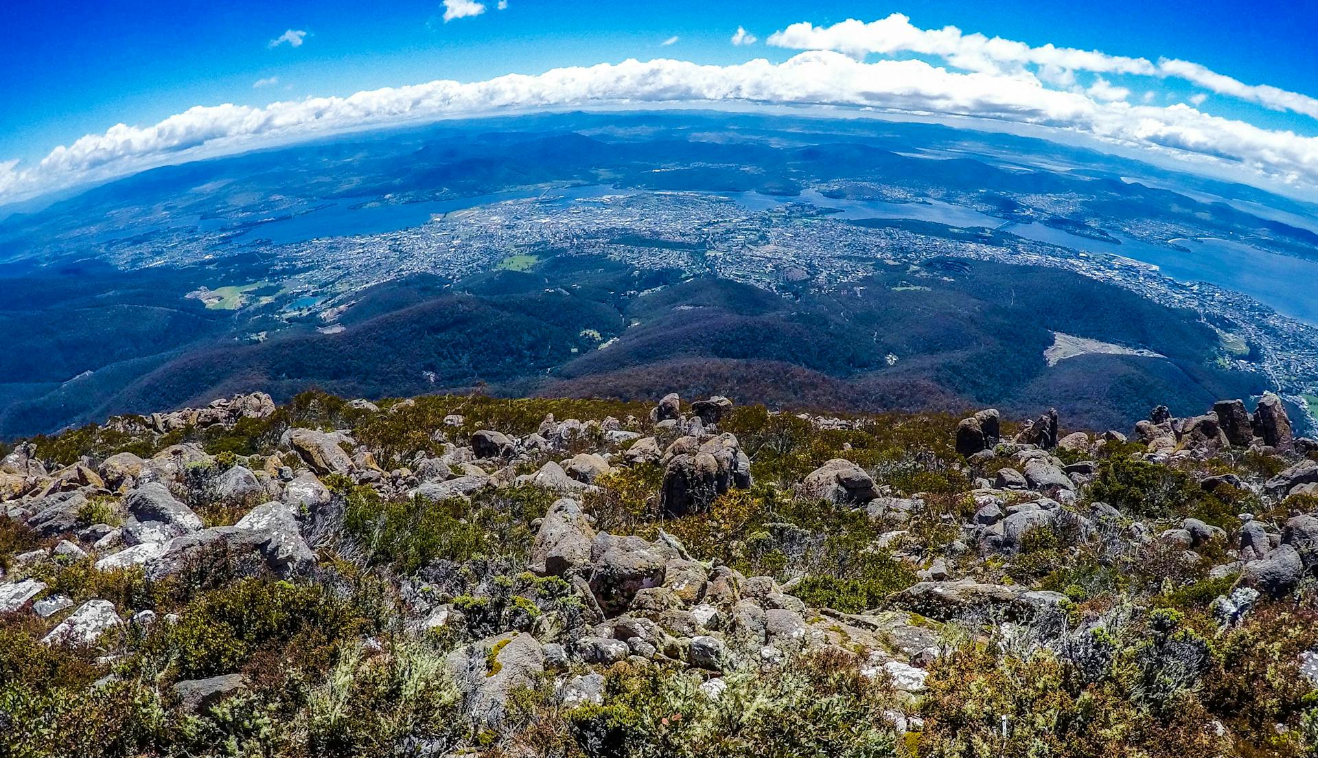 Stunning panoramic view of Wellington Park overlooking Hobart and Derwent River in summer.