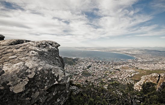 Scenic view of Cape Town cityscape from the rocky edge of Table Mountain with a clear sky.