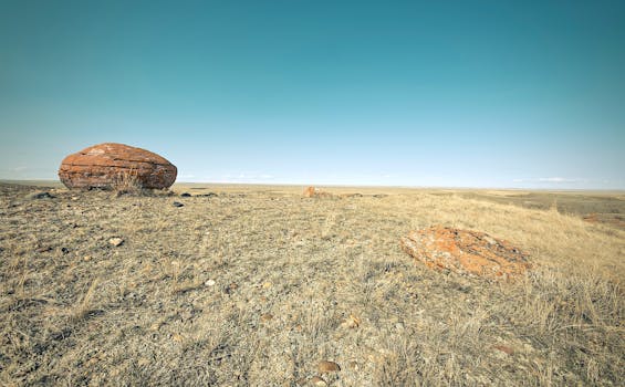 广阔的干燥景观中，独特的红石与清澈的蓝天交相辉映，展现出自然的壮美