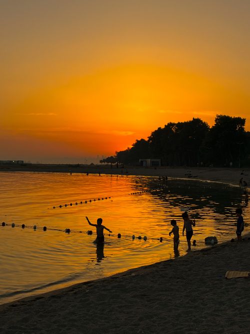 Free Silhouettes of people enjoying a serene sunset at the beach, creating a golden reflection on the water. Stock Photo