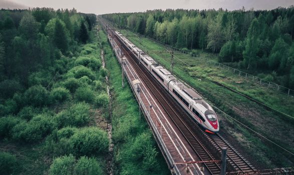 A high-speed train travels through lush greenery, captured from an aerial perspective.