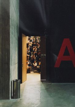 A glimpse into a packed lecture hall from an open door, highlighting education and public speaking.
