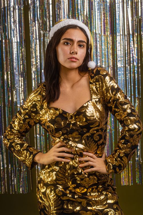 Free A woman in a golden dress and Santa hat posing against shimmering curtains, exuding holiday glamour. Stock Photo