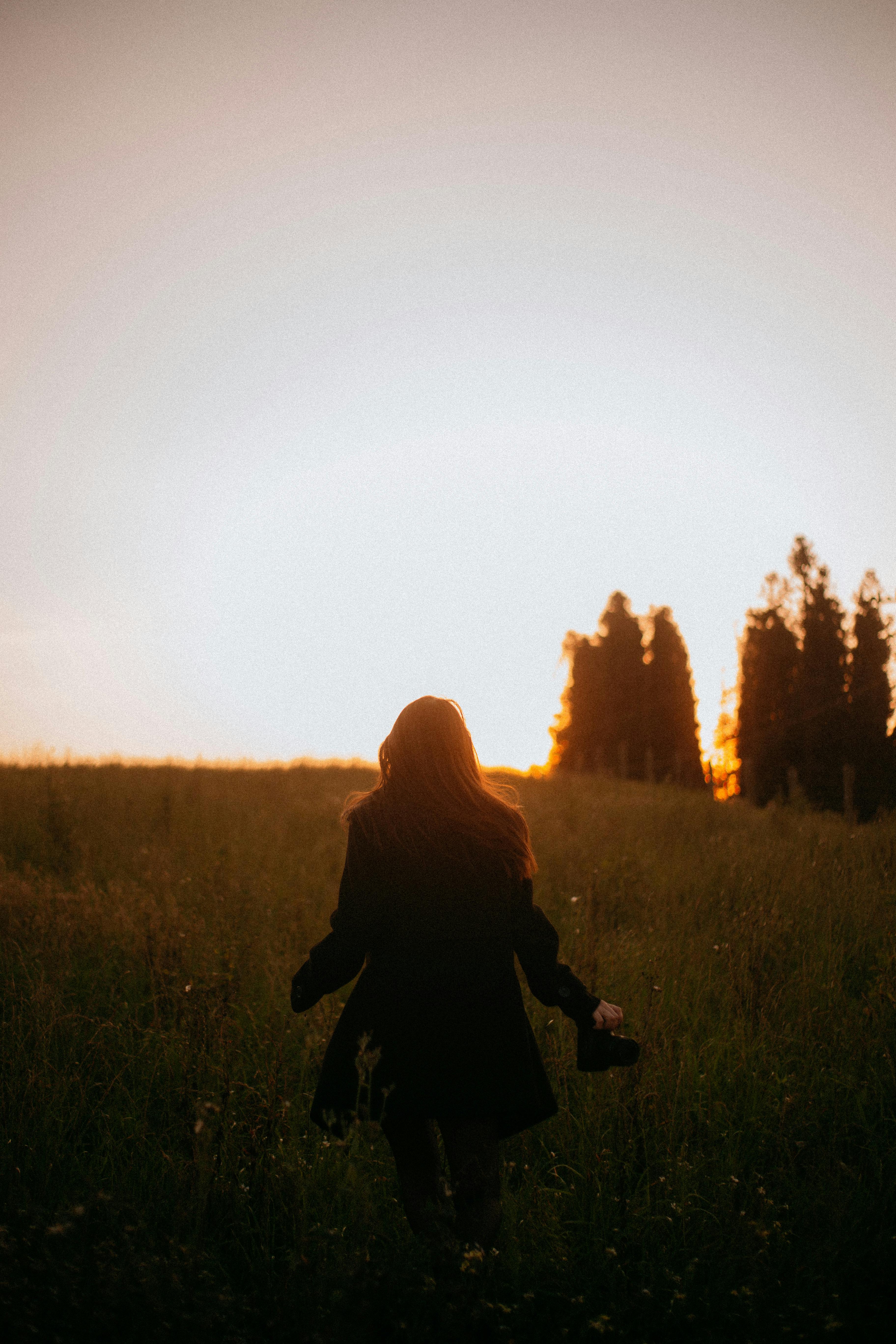 Silhouette of Woman in Field at Sunset · Free Stock Photo, image size:3648x5472