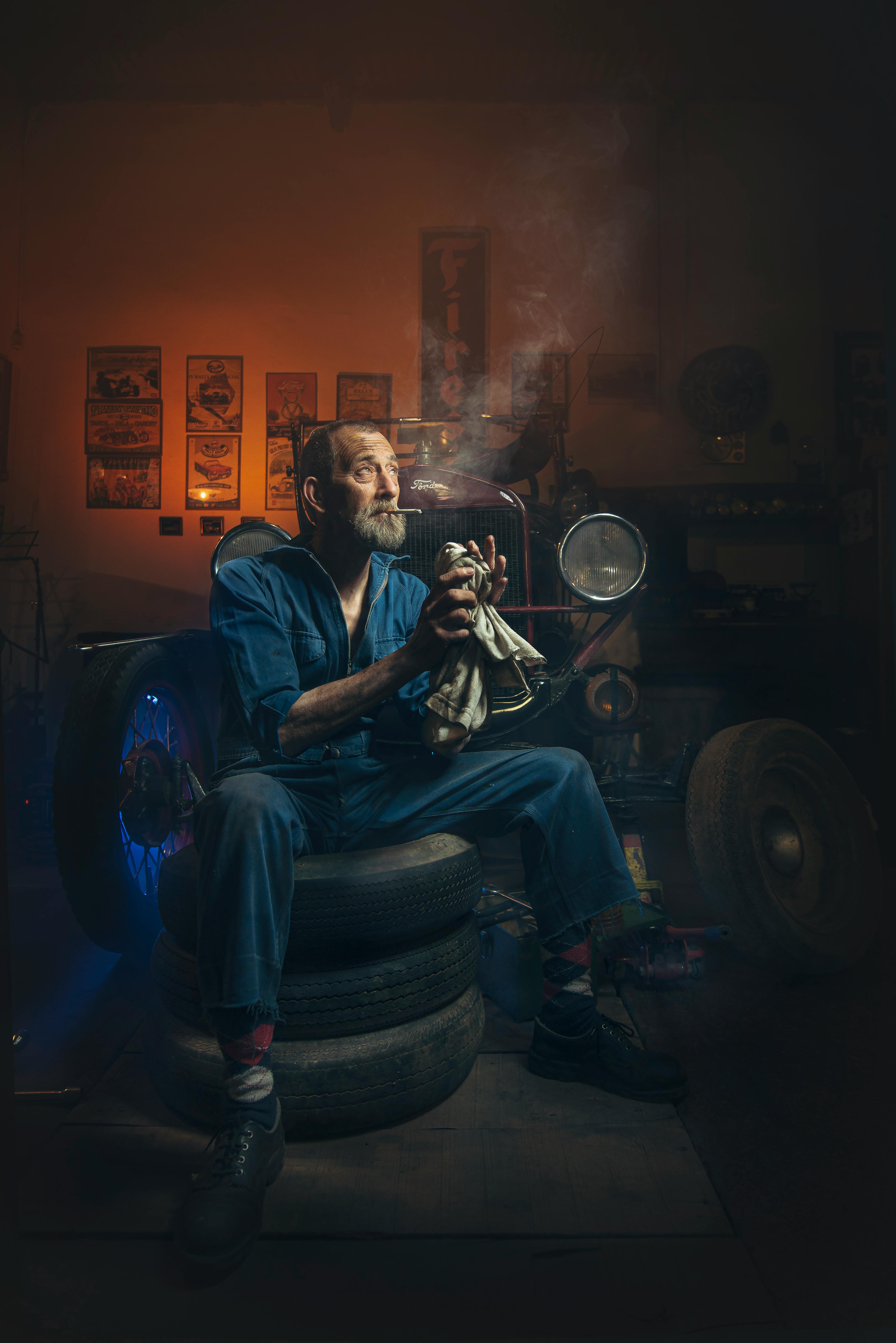 moody portrait of a mechanic in workshop