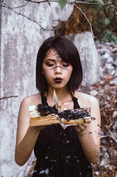 一名年轻女子在户外执行巫术仪式，并焚烧书籍