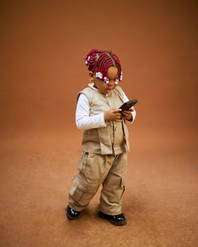 Young child with vibrant braids and beige outfit using a smartphone indoors.