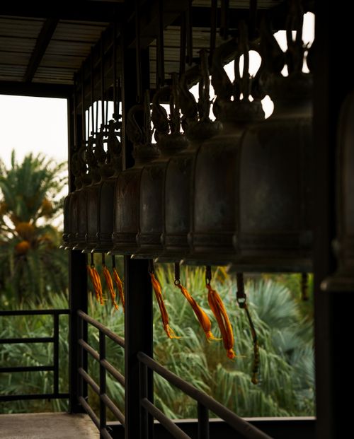 Free A serene image of iron bells hanging in a tropical garden surrounded by lush palm trees. Stock Photo