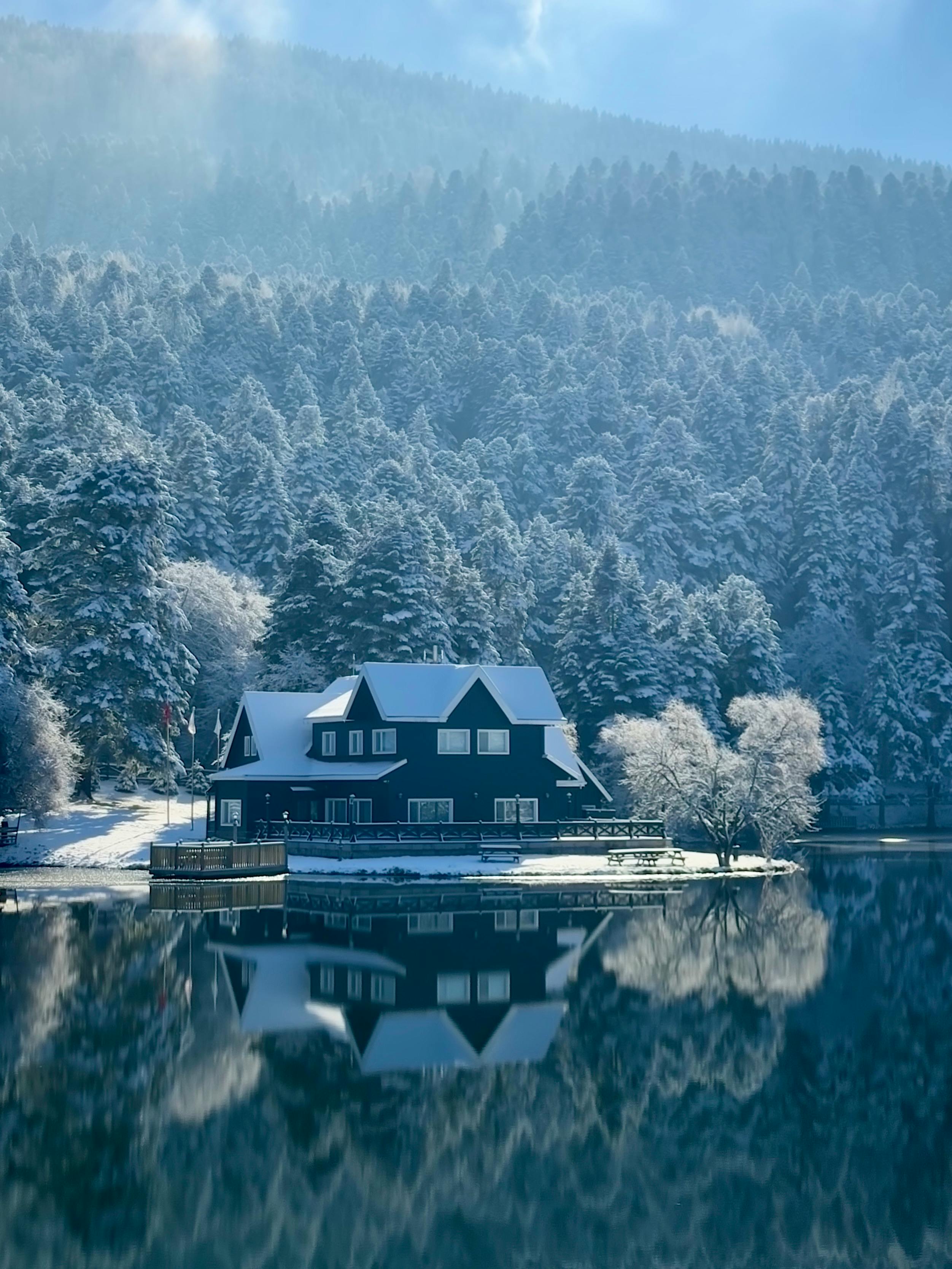 Charming winter scene with a lakeside house and snowy forest in Bolu, Türkiye.