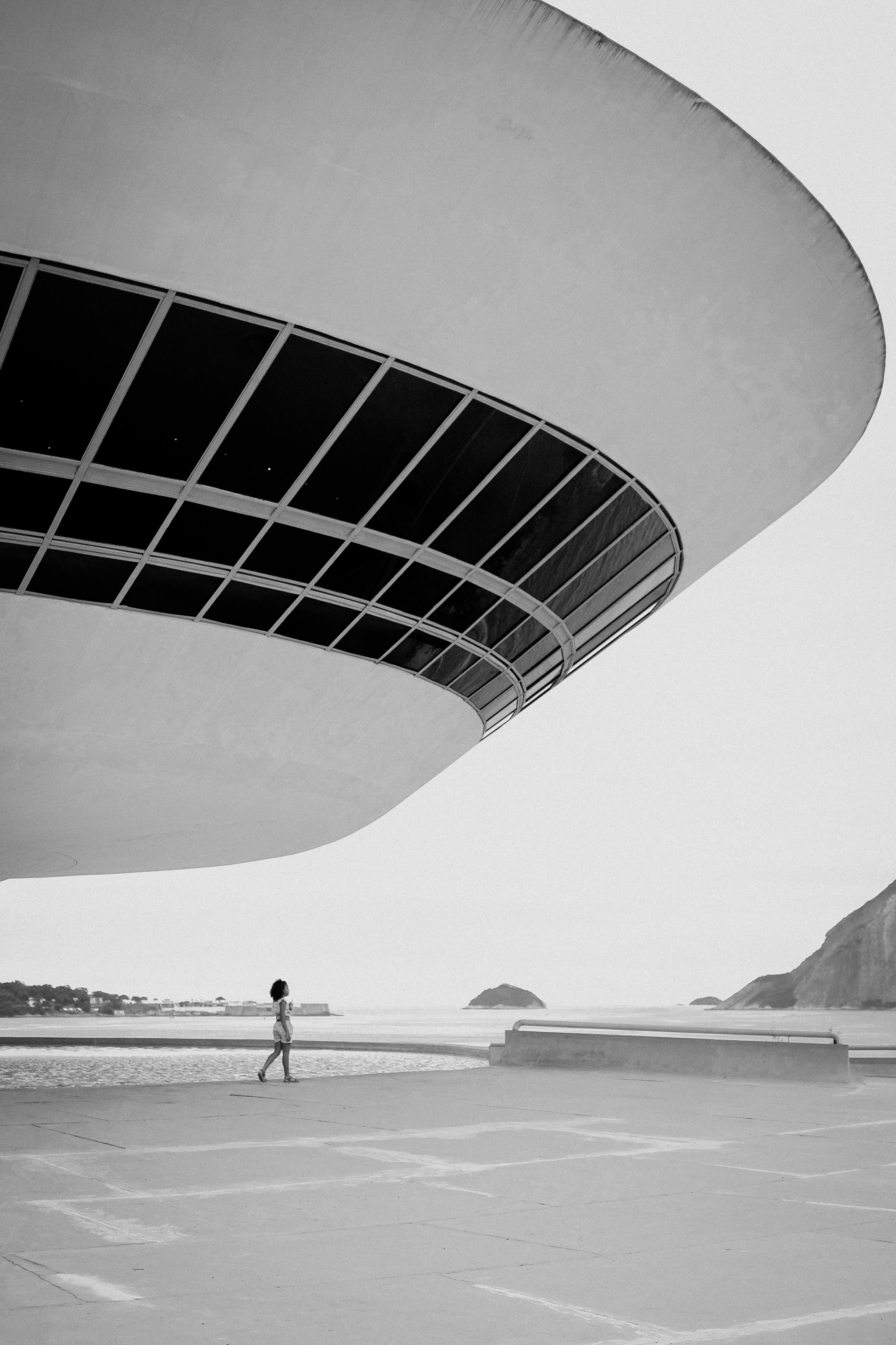 Striking view of Niterói Contemporary Art Museum's iconic design by Oscar Niemeyer in Brazil.