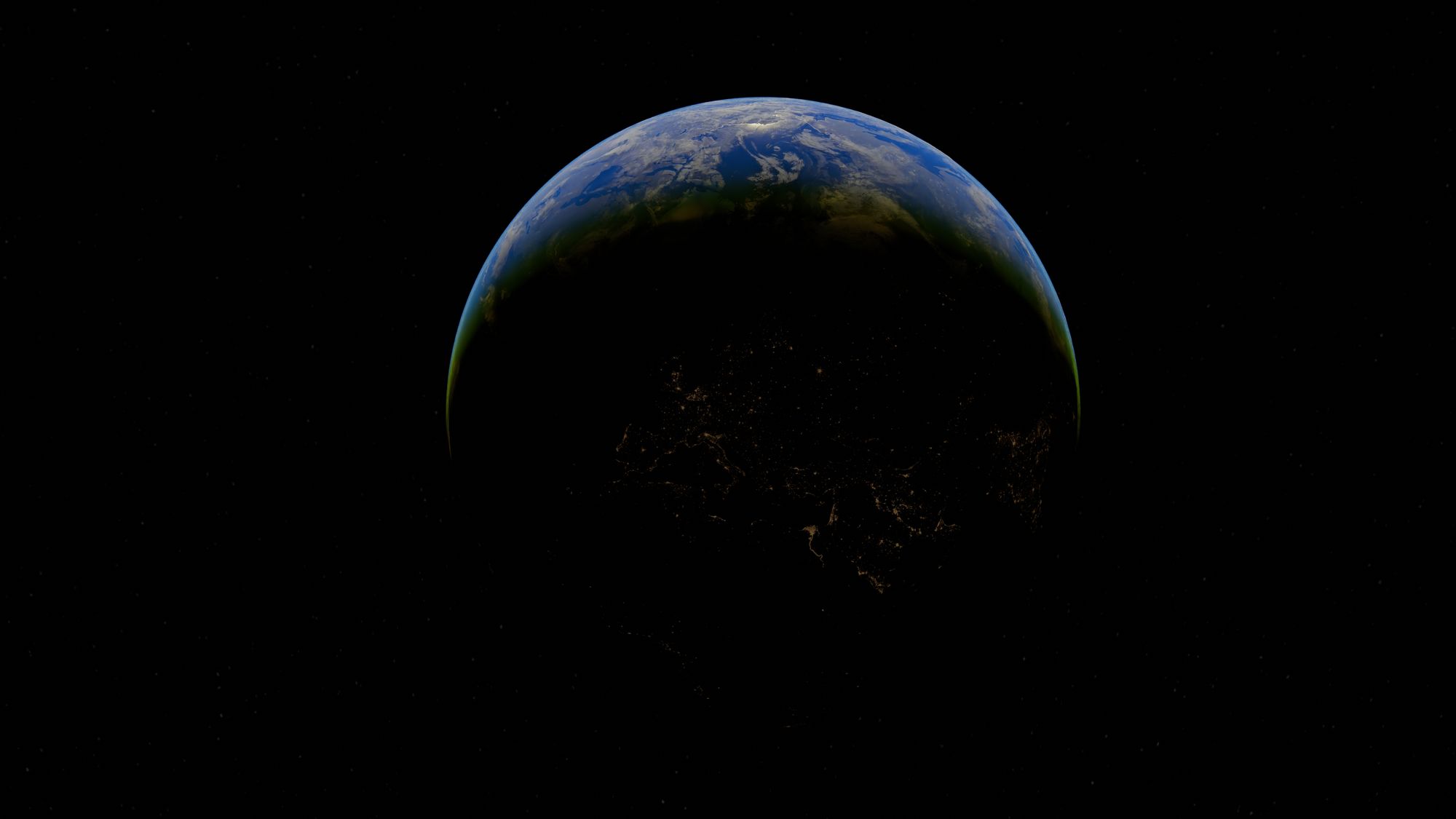 Half-lit Earth from space showing a beautiful contrast of blue and green.