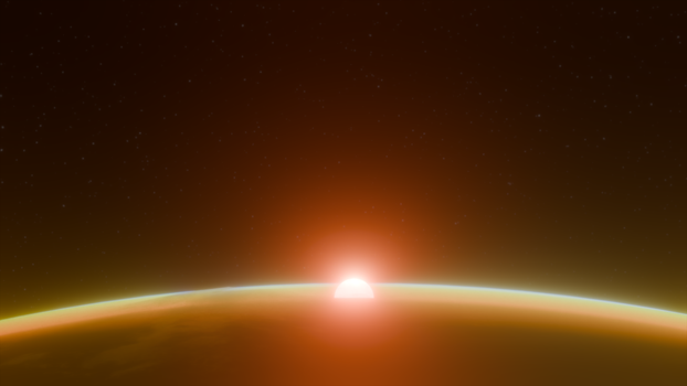 A stunning view of the sunrise over Earth's horizon with a cosmic background.
