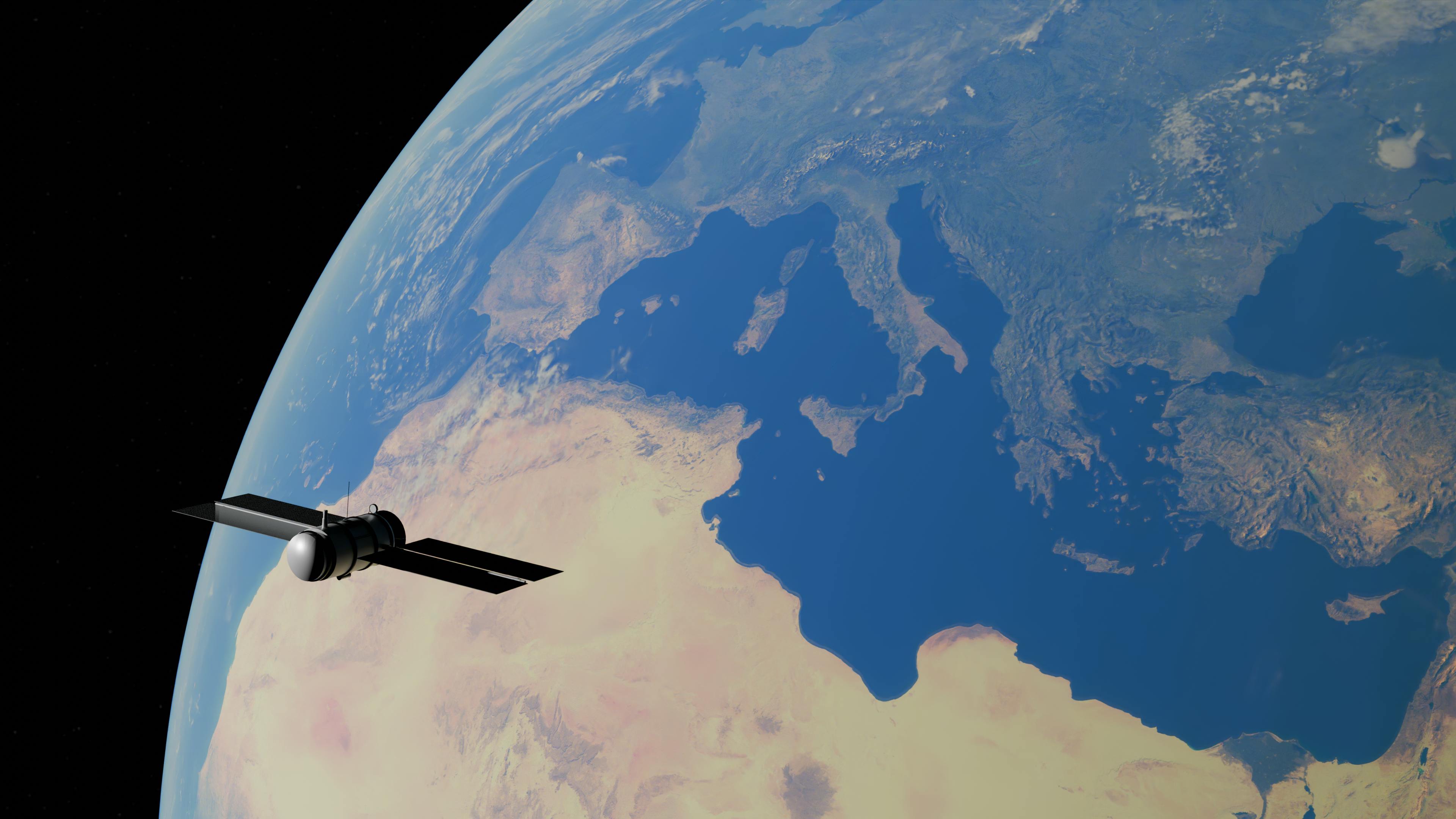 A satellite orbiting Earth, showcasing the Mediterranean Sea and surrounding continents.