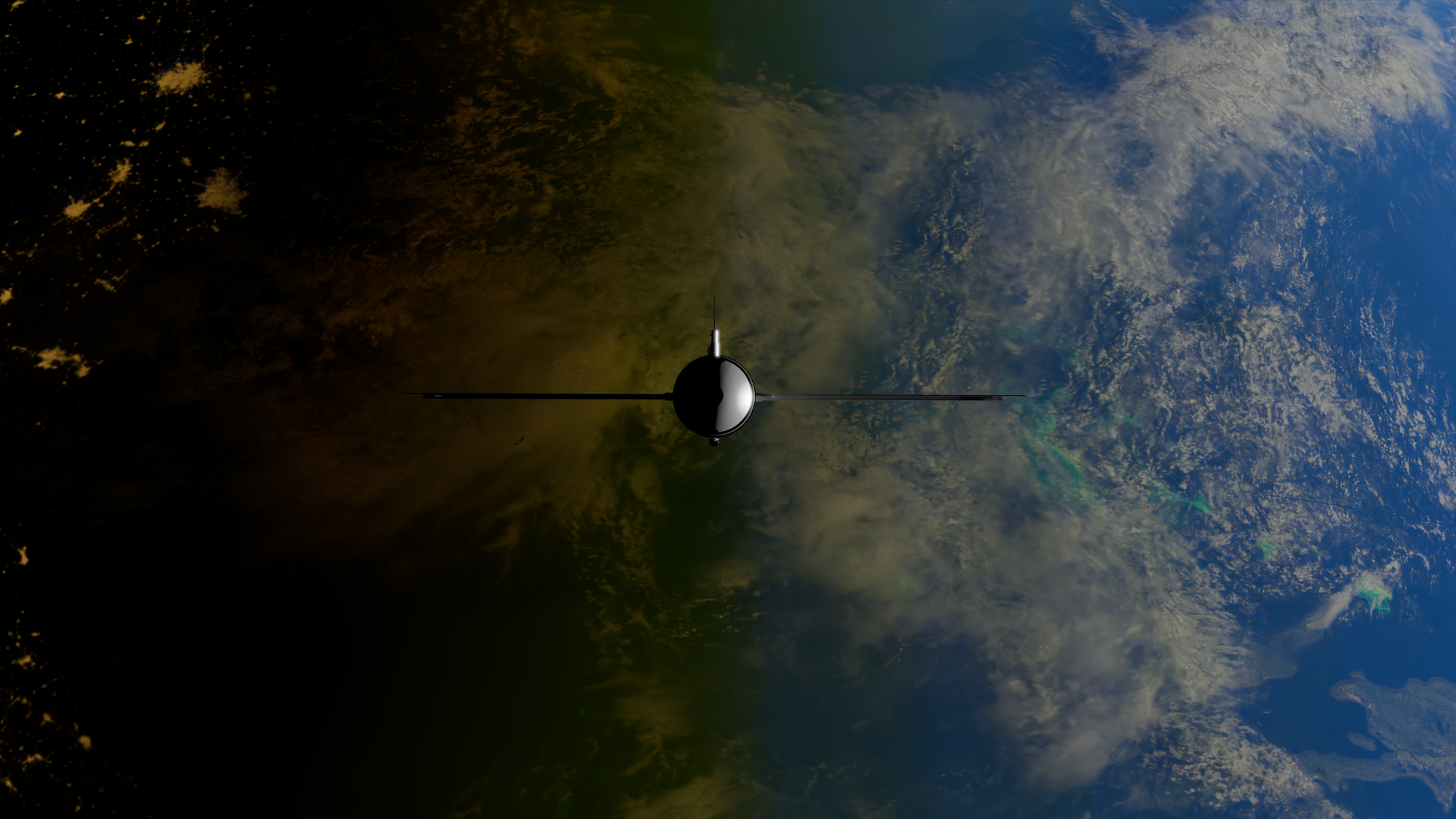 Satélite artificial sobre la curvatura iluminada de la Tierra