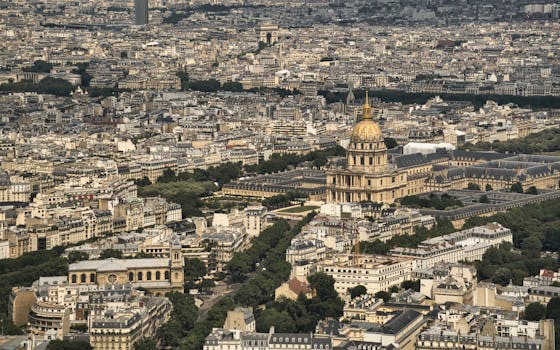 A breathtaking aerial view of Les Invalides and Paris cityscape.