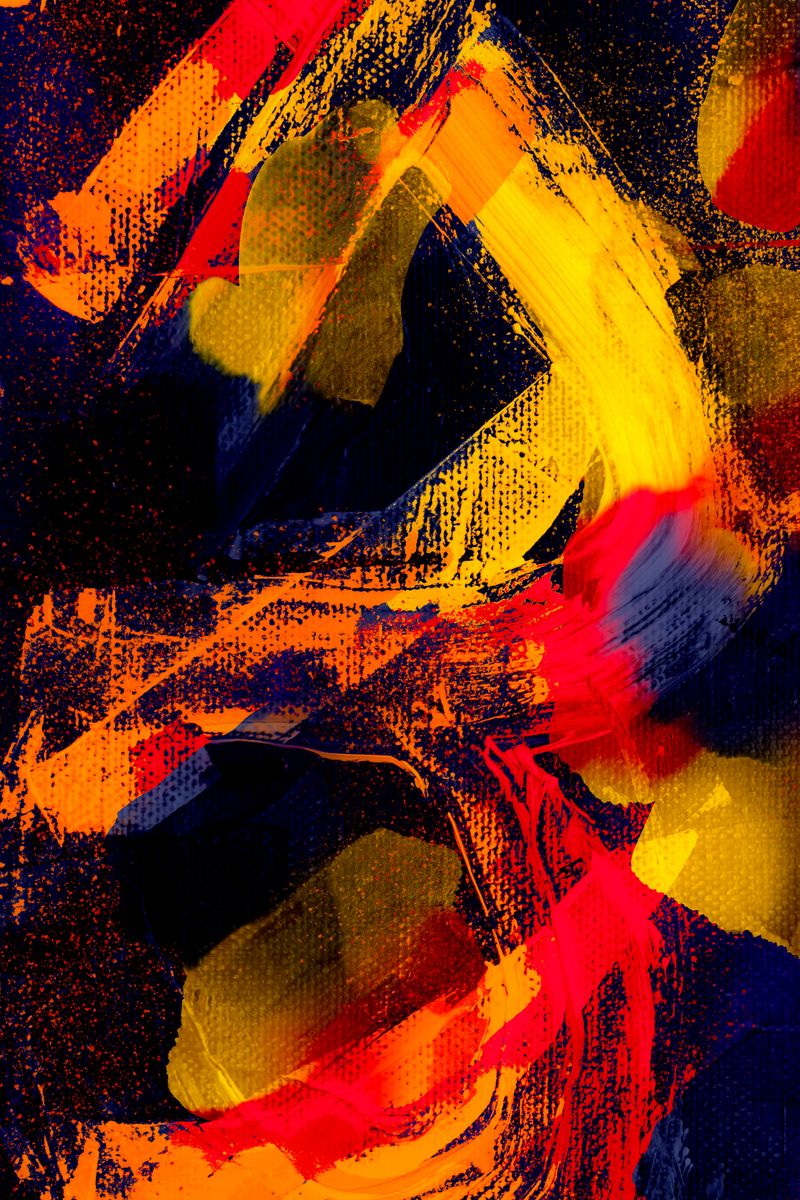 Colorful abstract expressionist painting with bold brushstrokes and dynamic hues.