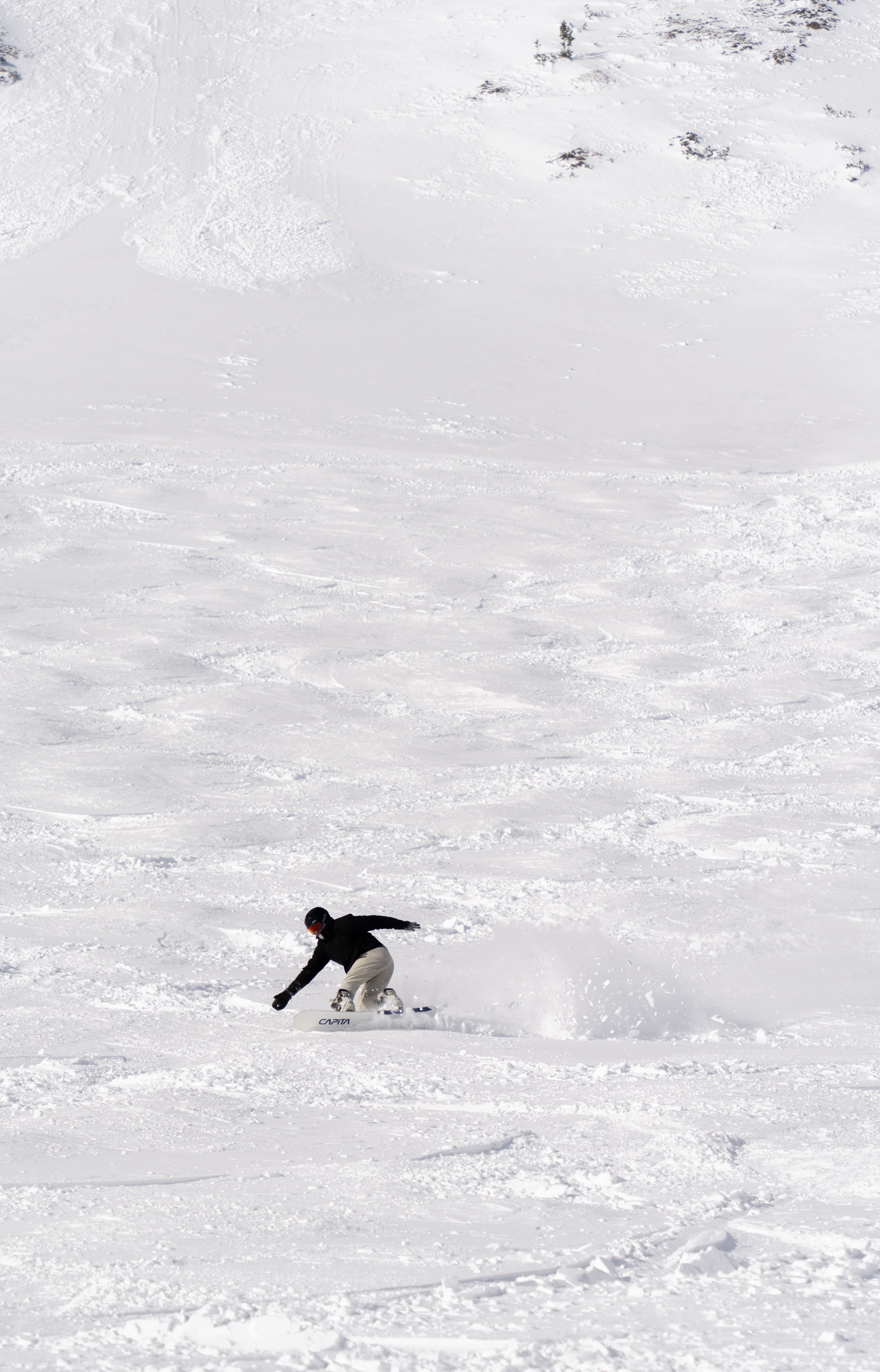 Snowboarder carving through fresh snow on a bright winter day in the mountains.