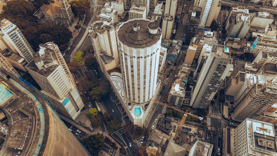 A stunning aerial view of downtown São Paulo capturing the vibrant urban architecture and bustling streets.