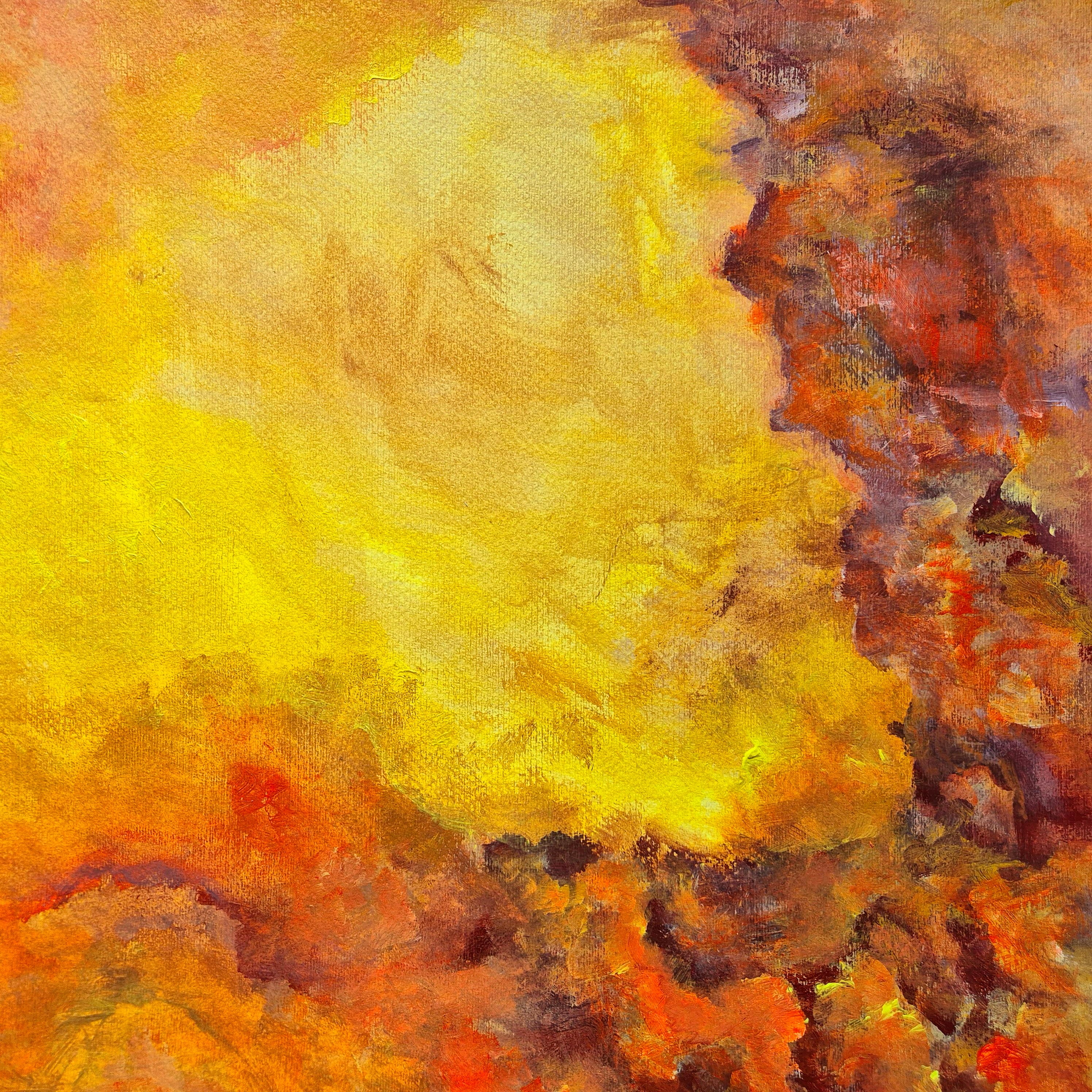 Vibrant abstract art with warm yellow and orange hues, evoking a fiery sky.