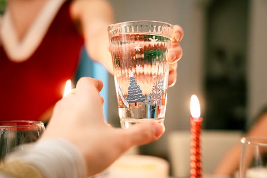 Two people toast with festive glasses near lit candles, celebrating a cozy holiday indoors.
