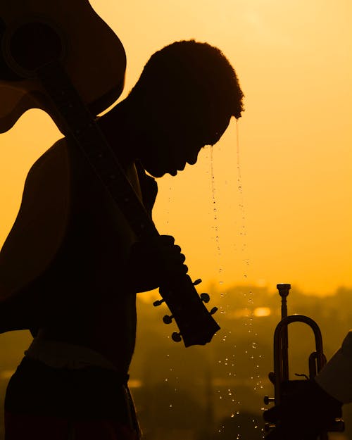 Silhouette Photo of Person Carrying Guitar