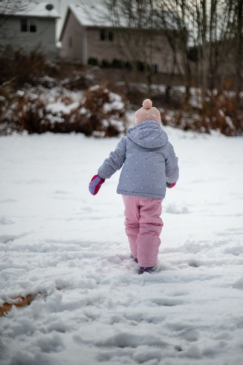 Free A young child in winter clothes walks through a snowy yard. Stock Photo