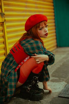 A stylish young woman in plaid and red beret poses outdoors against a yellow backdrop.