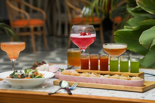 Colorful Indian street food and cocktails arranged on a table outdoors with lush greenery.